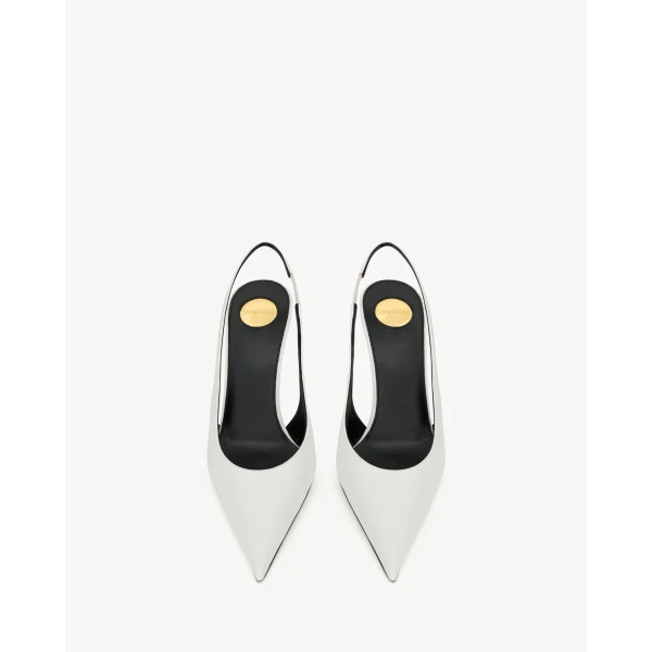 White Saint Laurent Guermantes Slingback Pumps in Patent Leather, White, view 2 | Heels