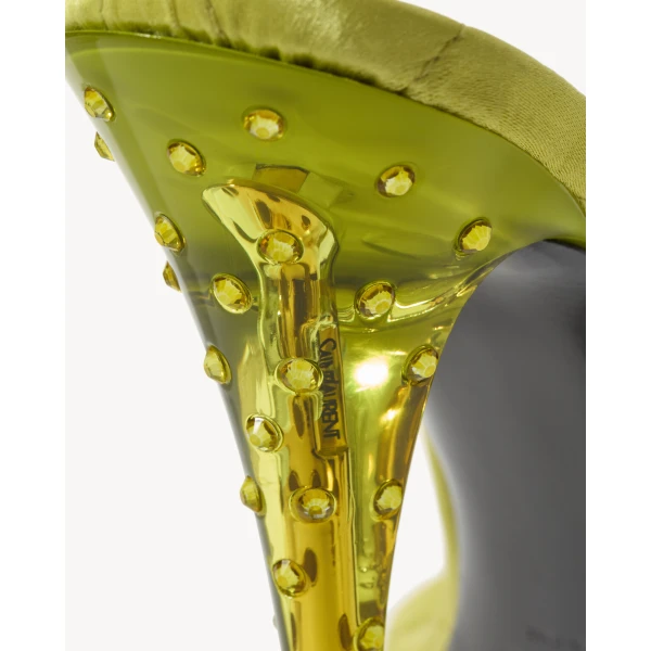 Multicolour Saint Laurent Ivresse Sandals in Satin Crepe and Crystals, Lemon Green and Peridot, view 5 | Sandals