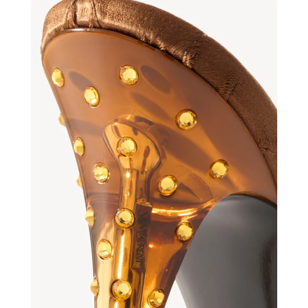 Multicolour Saint Laurent Ivresse Sandals in Satin Crepe and Crystals, Pecan Brown and Topaz, view 5 | Sandals