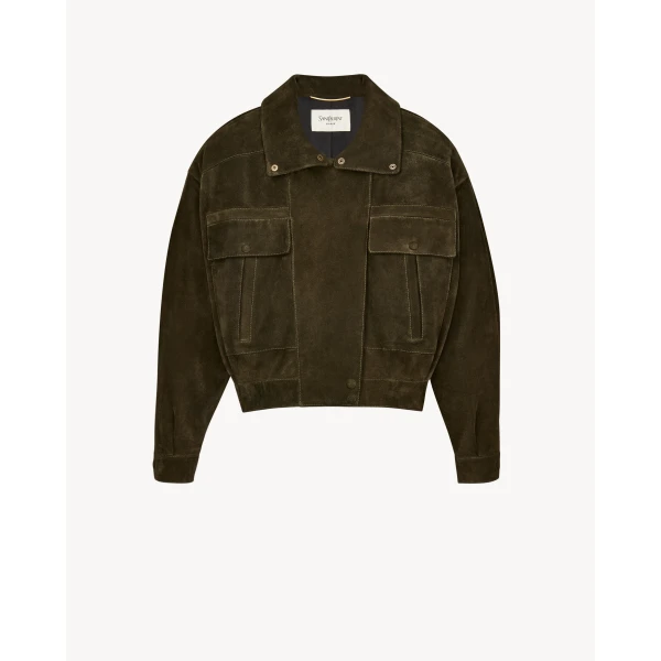Green Saint Laurent Jacket in Vintage Split Leather, Militaire, view 4 | Leather Jackets