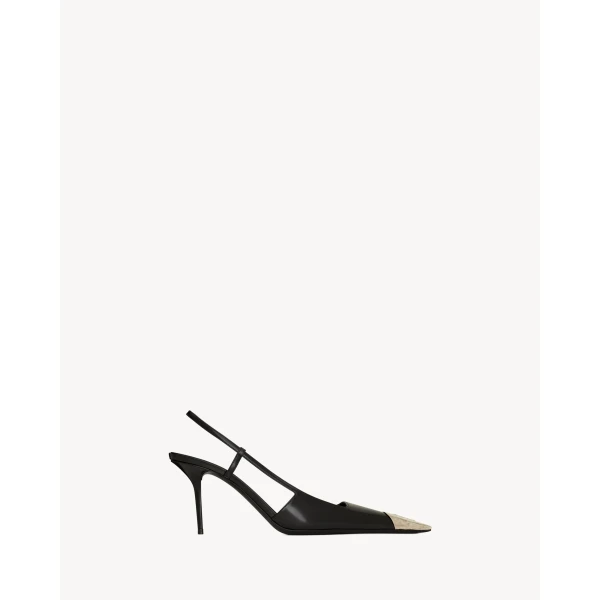 Black Saint Laurent Jeanne Slingback Pumps in Glazed Leather, Black, 75 mm, view 2 | Heels