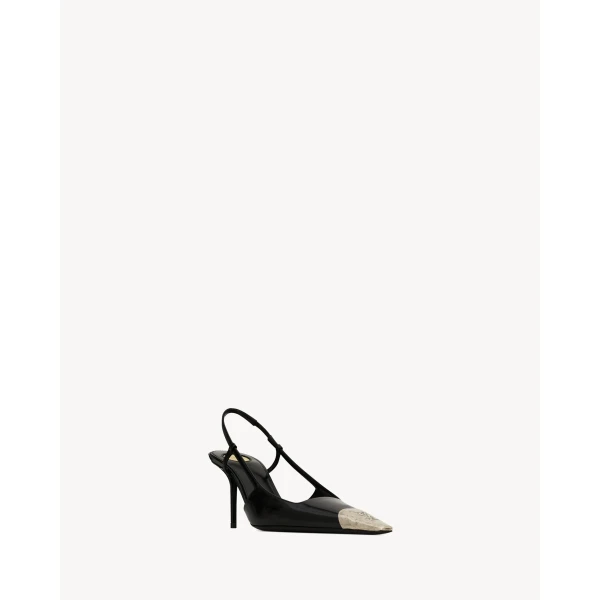 Black Saint Laurent Jeanne Slingback Pumps in Glazed Leather, Black, 75 mm, view 3 | Heels