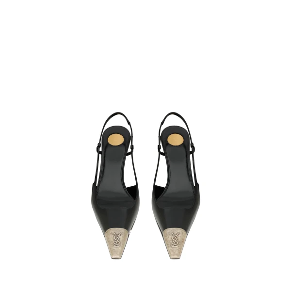 Black Saint Laurent Jeanne Slingback Pumps in Glazed Leather, Black, 75 mm | Heels