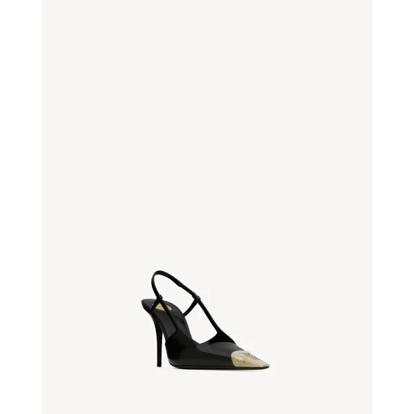 Black Saint Laurent Jeanne Slingback Pumps in Glazed Leather, Black, 90 mm, view 3 | Heels