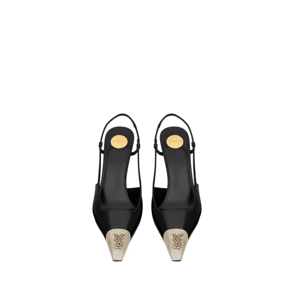 Black Saint Laurent Jeanne Slingback Pumps in Glazed Leather, Black, 90 mm | Heels