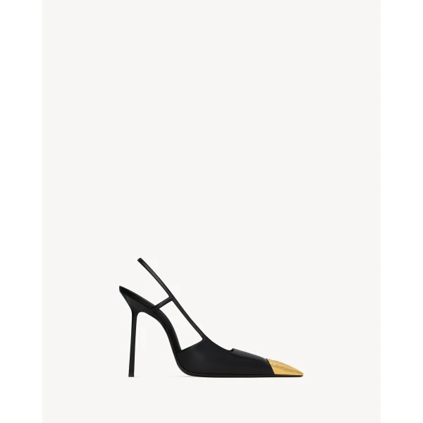 Multicolour Saint Laurent Jeanne Slingback Pumps in Smooth Leather, Black and Gold, view 2 | Heels