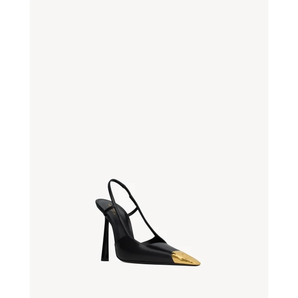 Multicolour Saint Laurent Jeanne Slingback Pumps in Smooth Leather, Black and Gold, view 3 | Heels