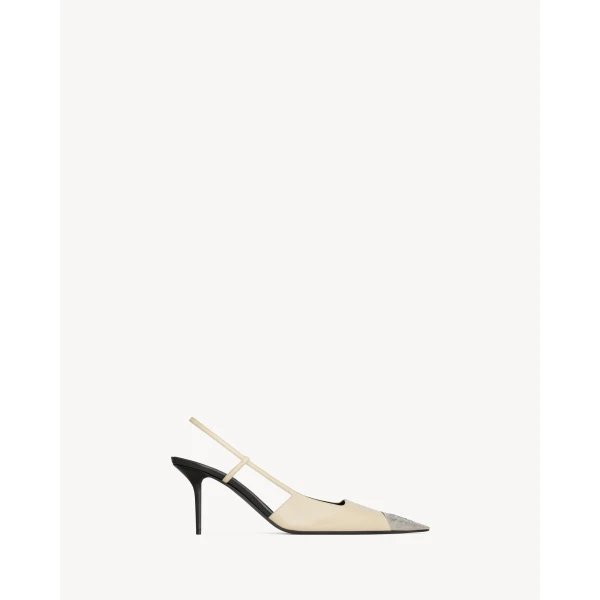 White Saint Laurent Jeanne Slingback Pumps in Smooth Leather, White, view 2 | Heels
