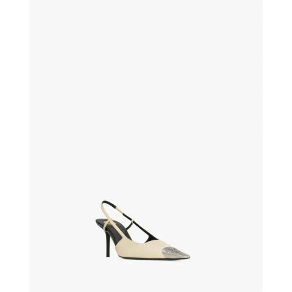 White Saint Laurent Jeanne Slingback Pumps in Smooth Leather, White, view 3 | Heels