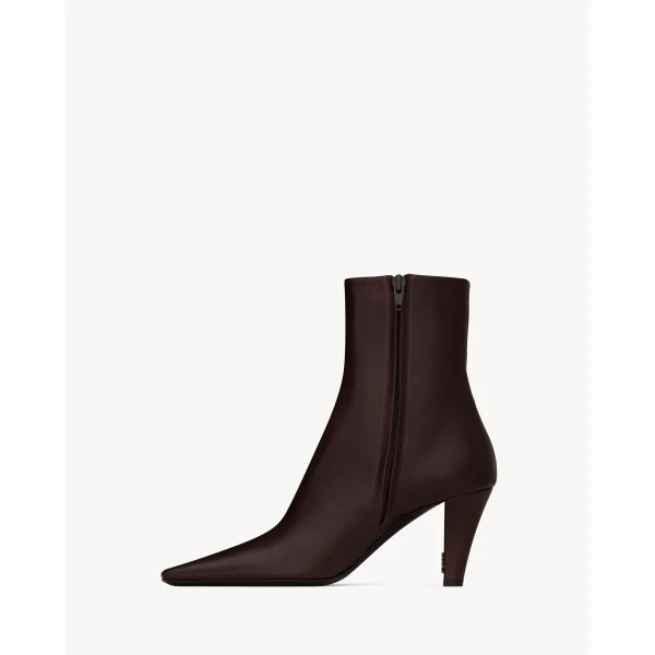 Red Saint Laurent Jill Booties in Smooth Leather, Marron Glace, view 3 | Boots