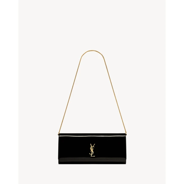 Black Saint Laurent Kate Clutch in Patent Leather, Black, view 3 | Clutch Bags