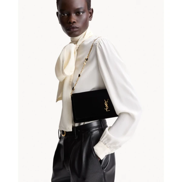 Black Saint Laurent Kate Clutch in Velvet, view 2 | Clutch Bags