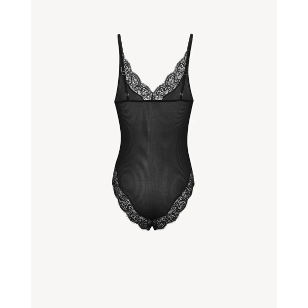 Black Saint Laurent Laced Bodysuit in Ribbed Silk Jersey, view 2 | Bodysuit