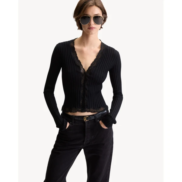 Black Saint Laurent Laced Cardigan in Ribbed Wool, Cashmere, and Silk, view 2 | Cardigan