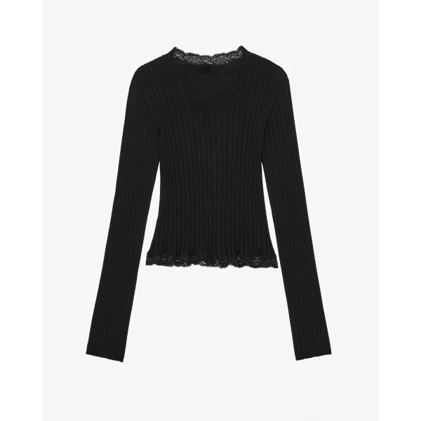 Black Saint Laurent Laced Cardigan in Ribbed Wool, Cashmere, and Silk, view 3 | Cardigan