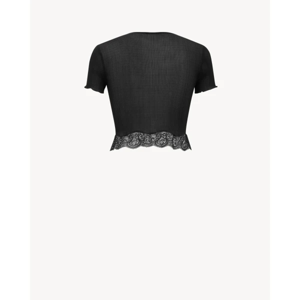 Black Saint Laurent Laced T-Shirt in Ribbed Silk, Black, view 3 | T-shirts