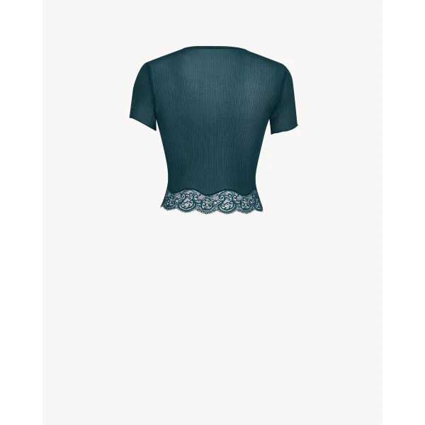 Green Saint Laurent Laced T-Shirt in Ribbed Silk, Vert Iraty, view 3 | T-shirts