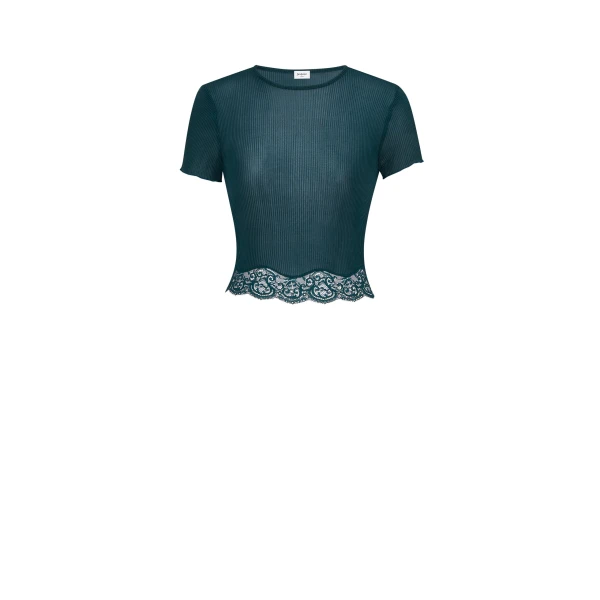 Green Saint Laurent Laced T-Shirt in Ribbed Silk, Vert Iraty | T-shirts