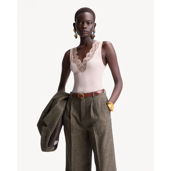 Beige Saint Laurent Laced Tank Top in Ribbed Silk, view 2 | Sleeveless