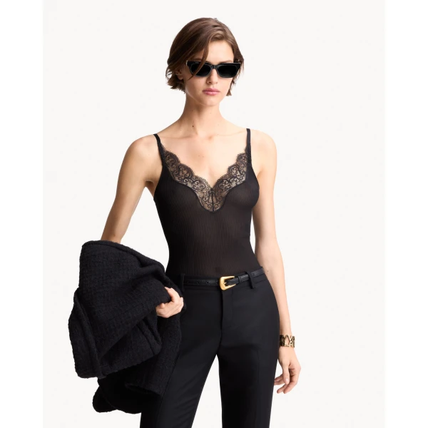 Black Saint Laurent Laced Tank Top in Ribbed Silk Jersey, Black, view 2 | Sleeveless