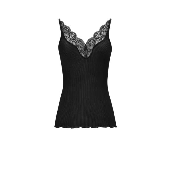 Black Saint Laurent Laced Tank Top in Ribbed Silk Jersey, Black | Sleeveless