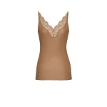 Beige Saint Laurent Laced Tank Top in Ribbed Silk Jersey, Caramel | Sleeveless