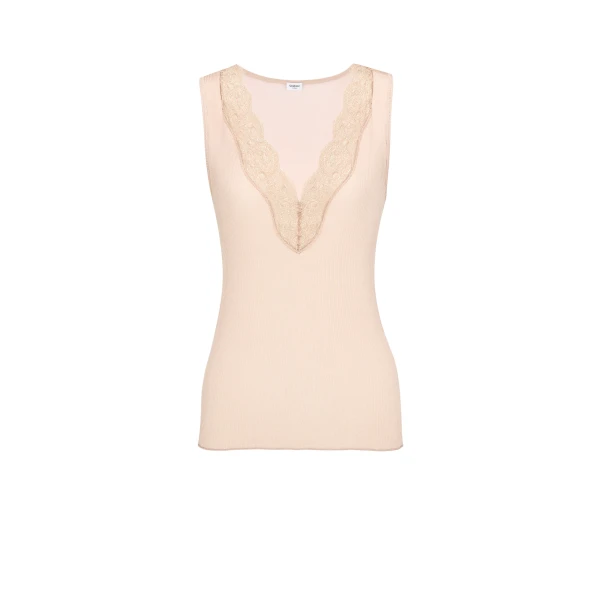 Beige Saint Laurent Laced Tank Top in Ribbed Silk | Sleeveless