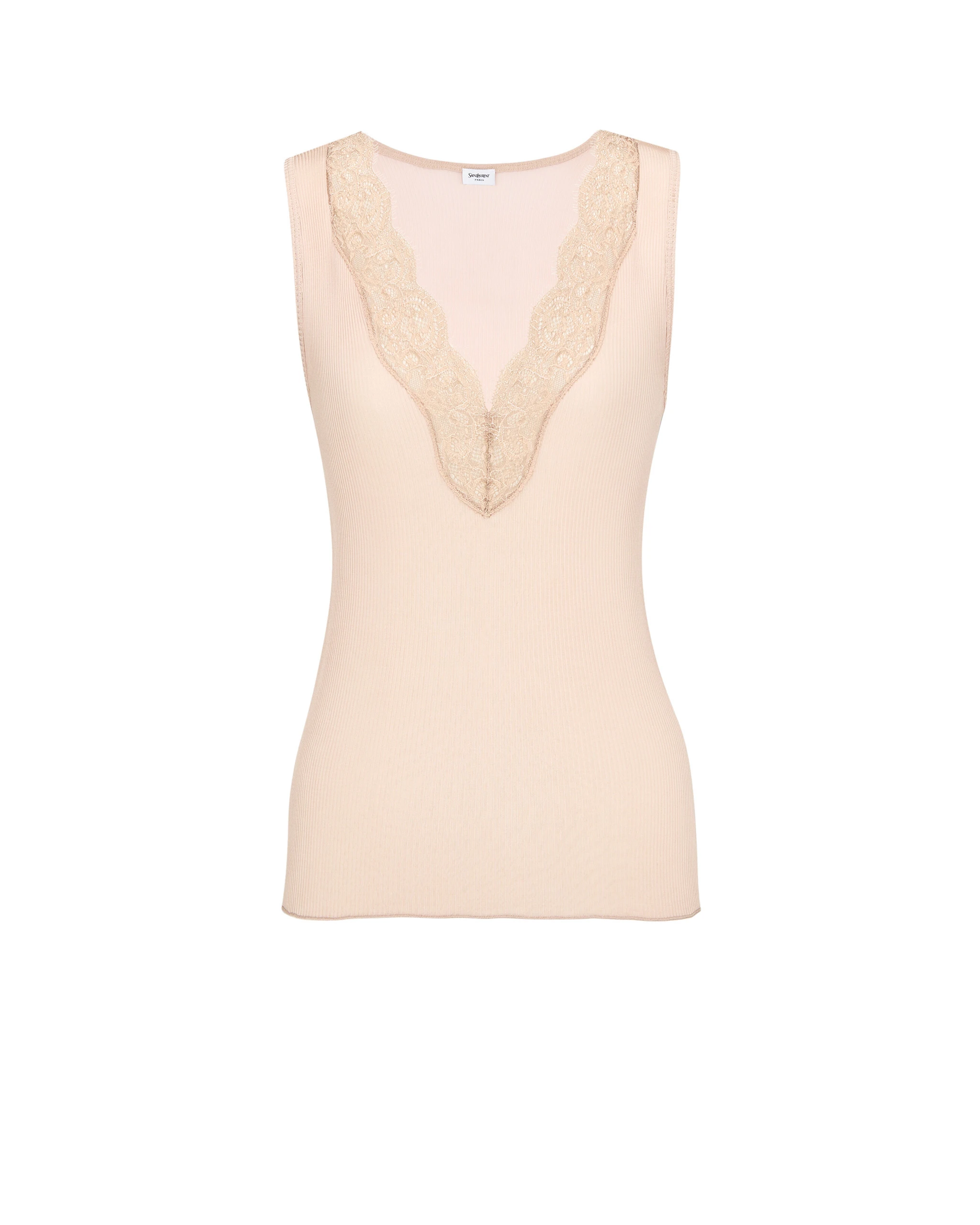 Saint Laurent Laced Tank Top in Ribbed Silk Beige Saint Laurent Laced Tank Top in Ribbed Silk | Sleeveless