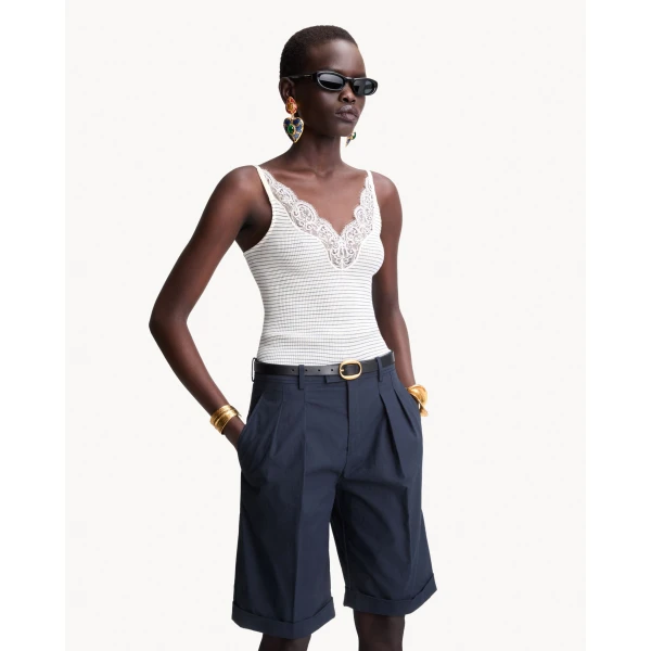 Multicolour Saint Laurent Laced Tank Top in Ribbed Wool and Silk, view 2 | Sleeveless