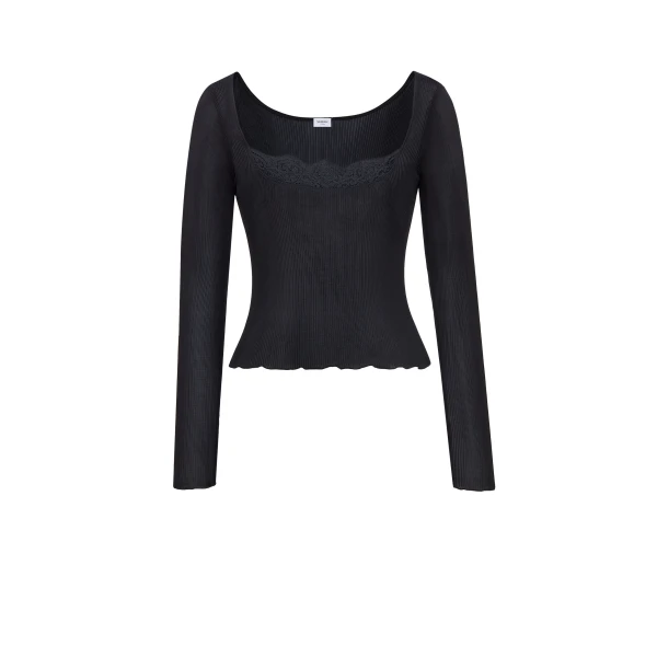 Black Saint Laurent Laced Top in Ribbed Silk | Tops