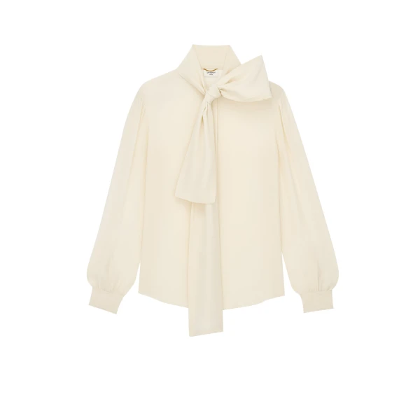 Grey Saint Laurent Lavallière Blouse in Silk Crepe de Chine | Blouse