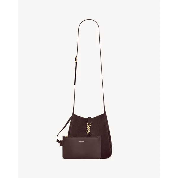 Brown Saint Laurent Le 5 À 7 Supple Crossbody in Suede, Arabica, view 2 | Shoulder & Crossbody Bags