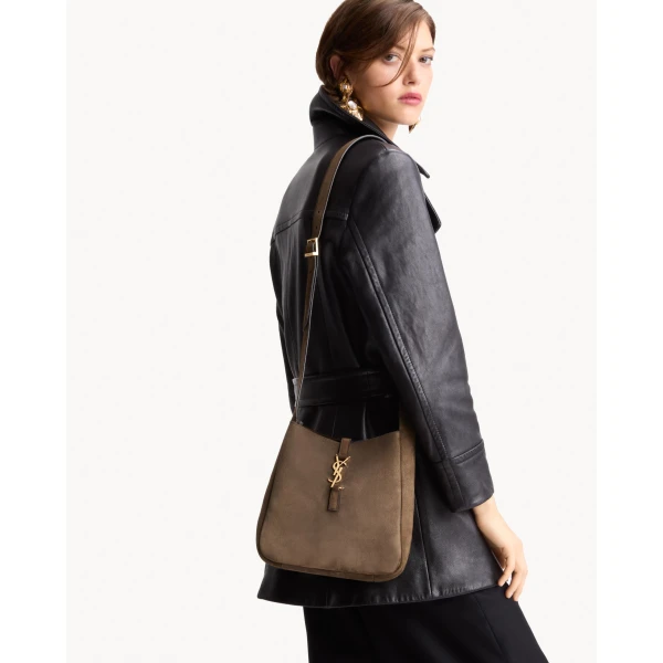 Brown Saint Laurent Le 5 À 7 Supple Crossbody in Suede, Light Musk, view 2 | Shoulder & Crossbody Bags