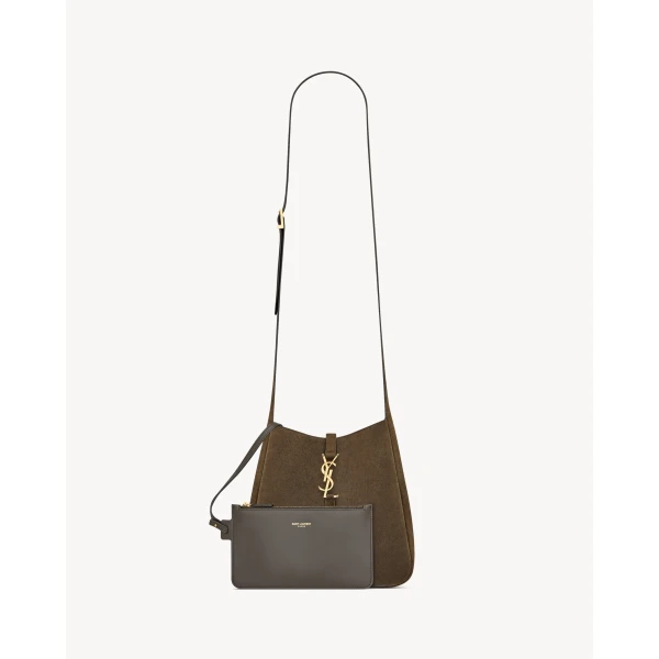 Brown Saint Laurent Le 5 À 7 Supple Crossbody in Suede, Light Musk, view 3 | Shoulder & Crossbody Bags