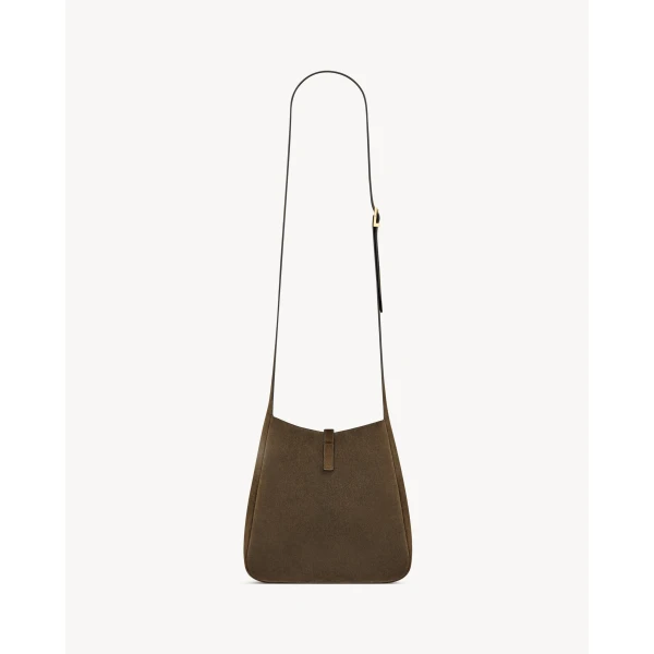 Brown Saint Laurent Le 5 À 7 Supple Crossbody in Suede, Light Musk, view 4 | Shoulder & Crossbody Bags
