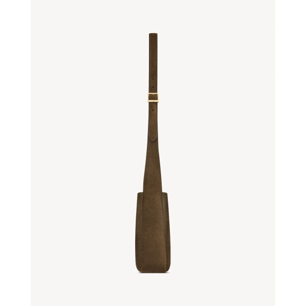 Brown Saint Laurent Le 5 À 7 Supple Crossbody in Suede, Light Musk, view 5 | Shoulder & Crossbody Bags