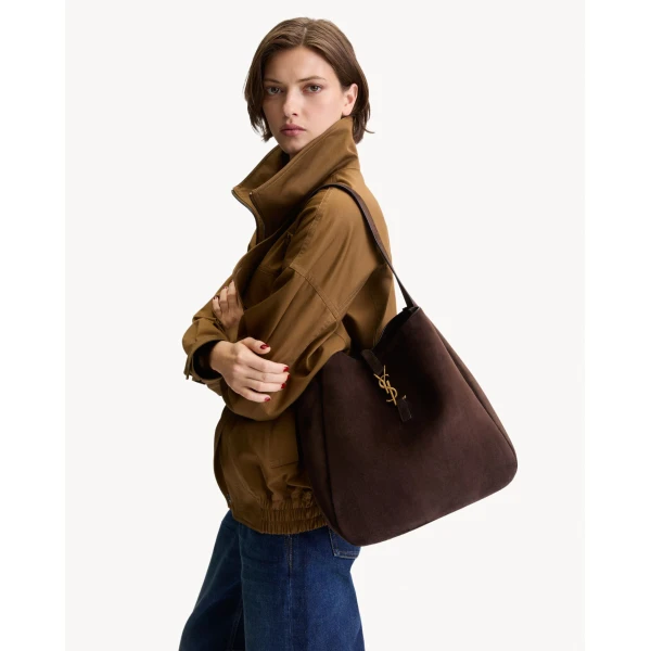 Brown Saint Laurent Le 5 À 7 Supple Large in Suede, Arabica, view 2 | Shoulder & Crossbody Bags