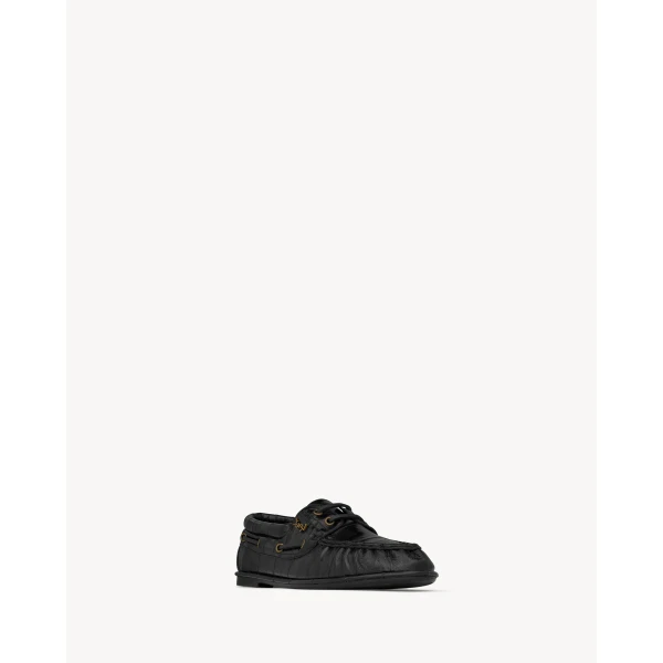 Black Saint Laurent Le Loafer Boat Shoes in Hagfish, view 3 | Loafers