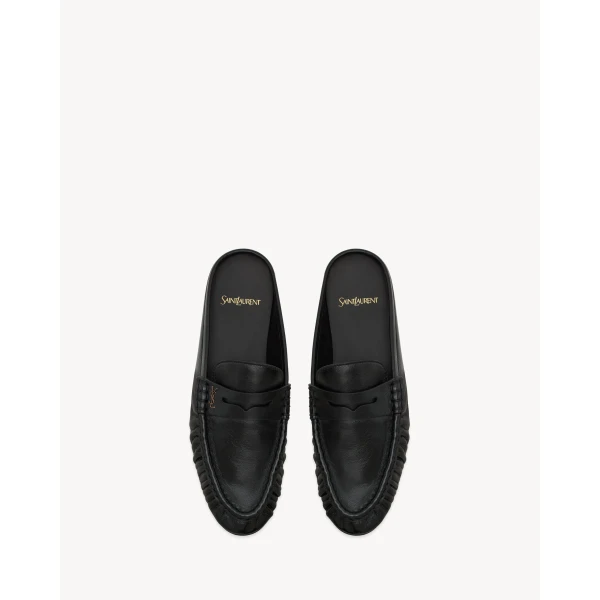 Black Saint Laurent Le Loafer Mules in Shiny Creased Leather, view 2 | Mules