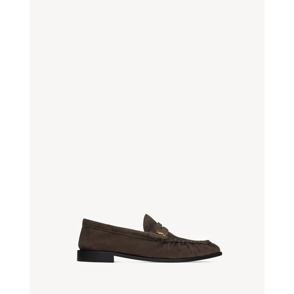 Brown Saint Laurent Le Loafer Supple in Suede, Dark Chocolate, view 2 | Loafers
