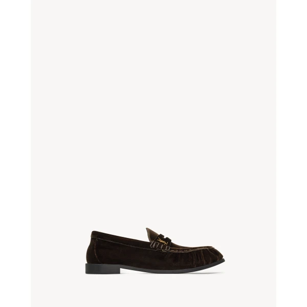 Brown Saint Laurent Le Loafer Supple in Velvet, Deep Chestnut, view 2 | Loafers