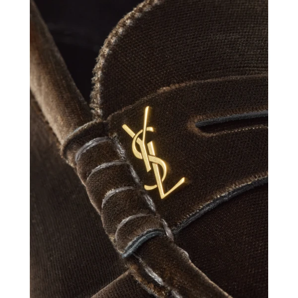 Brown Saint Laurent Le Loafer Supple in Velvet, Deep Chestnut, view 4 | Loafers