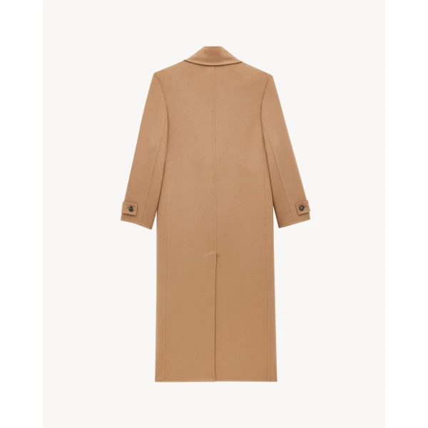 Beige Saint Laurent Long Coat in Brushed Cashmere and Wool, Camel, view 2 | Wool Coat