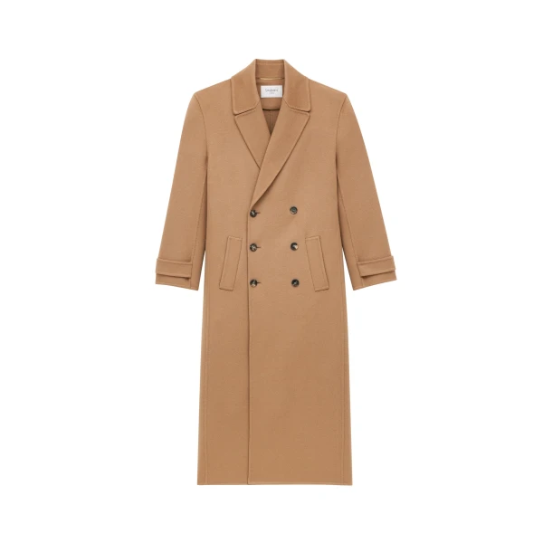 Long Coat in Brushed Cashmere and Wool, Camel