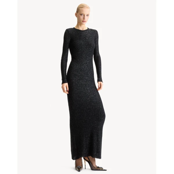 Black Saint Laurent Long Sequin Dress in Metallic Knit, view 2 | Maxi Dresses