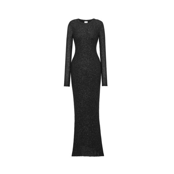 Black Saint Laurent Long Sequin Dress in Metallic Knit | Maxi Dresses
