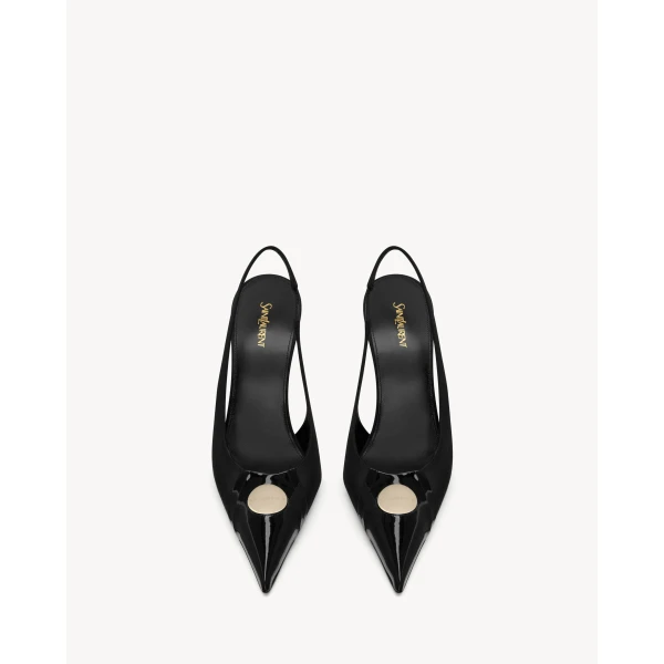 Black Saint Laurent Louis Slingback Pumps in Patent Leather and Satin, view 3 | Heels