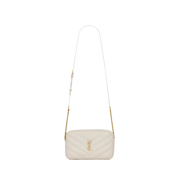 White Saint Laurent Loulou Camera Bag in Matelassé Lambskin, White | Shoulder & Crossbody Bags
