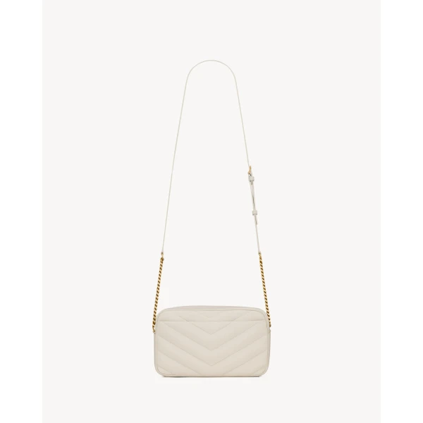 White Saint Laurent Loulou Camera Bag in Matelassé Lambskin, White, view 2 | Shoulder & Crossbody Bags