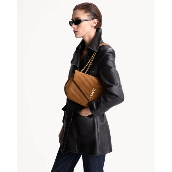 Brown Saint Laurent Loulou Medium in Matelassé Suede, Caramel Cognac, view 2 | Shoulder & Crossbody Bags